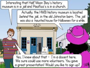 Cartoon by Deb Wong of Coastside News about volunteering for HMBHA
